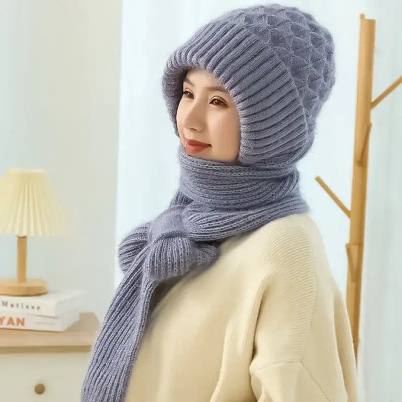 Winter Women's Knitted Hat with Long Scarf