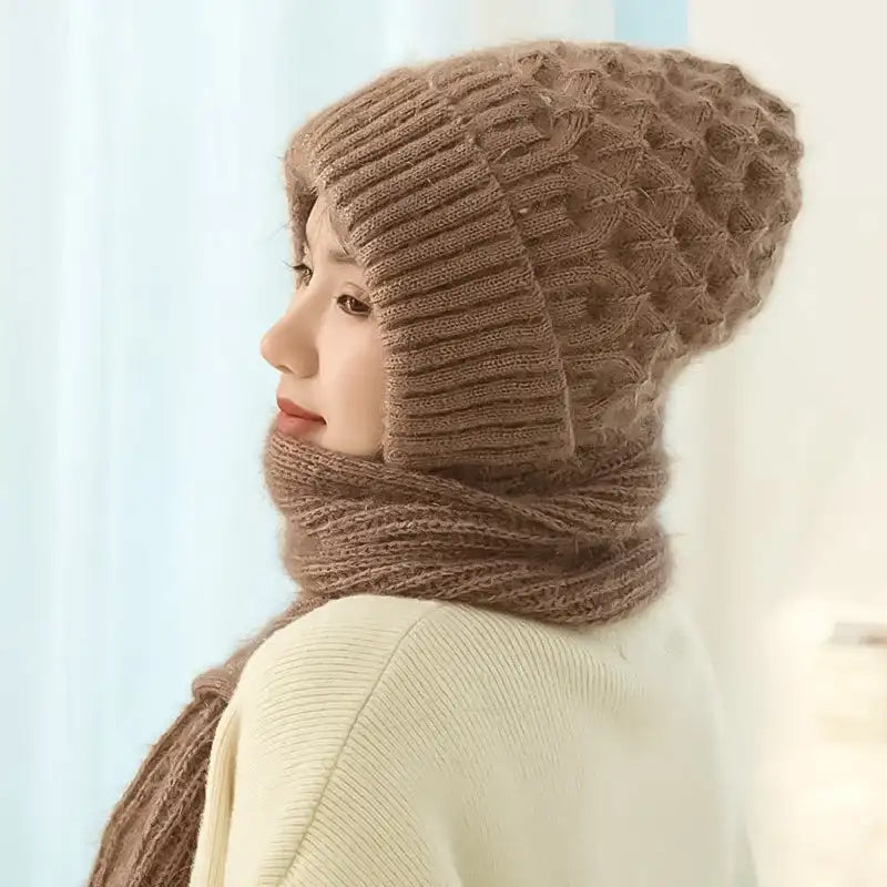 Winter Women's Knitted Hat with Long Scarf