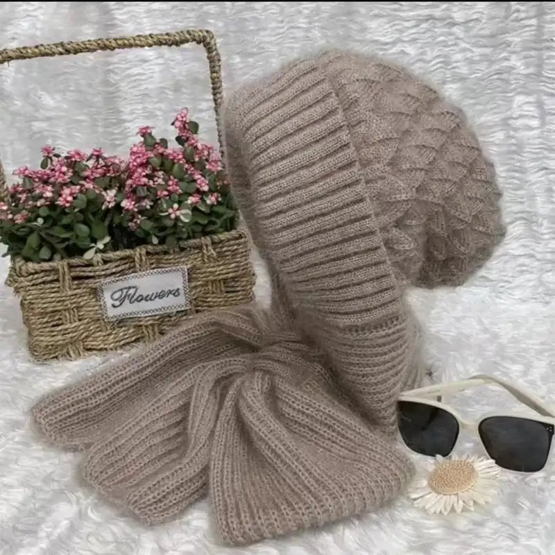 Winter Women's Knitted Hat with Long Scarf