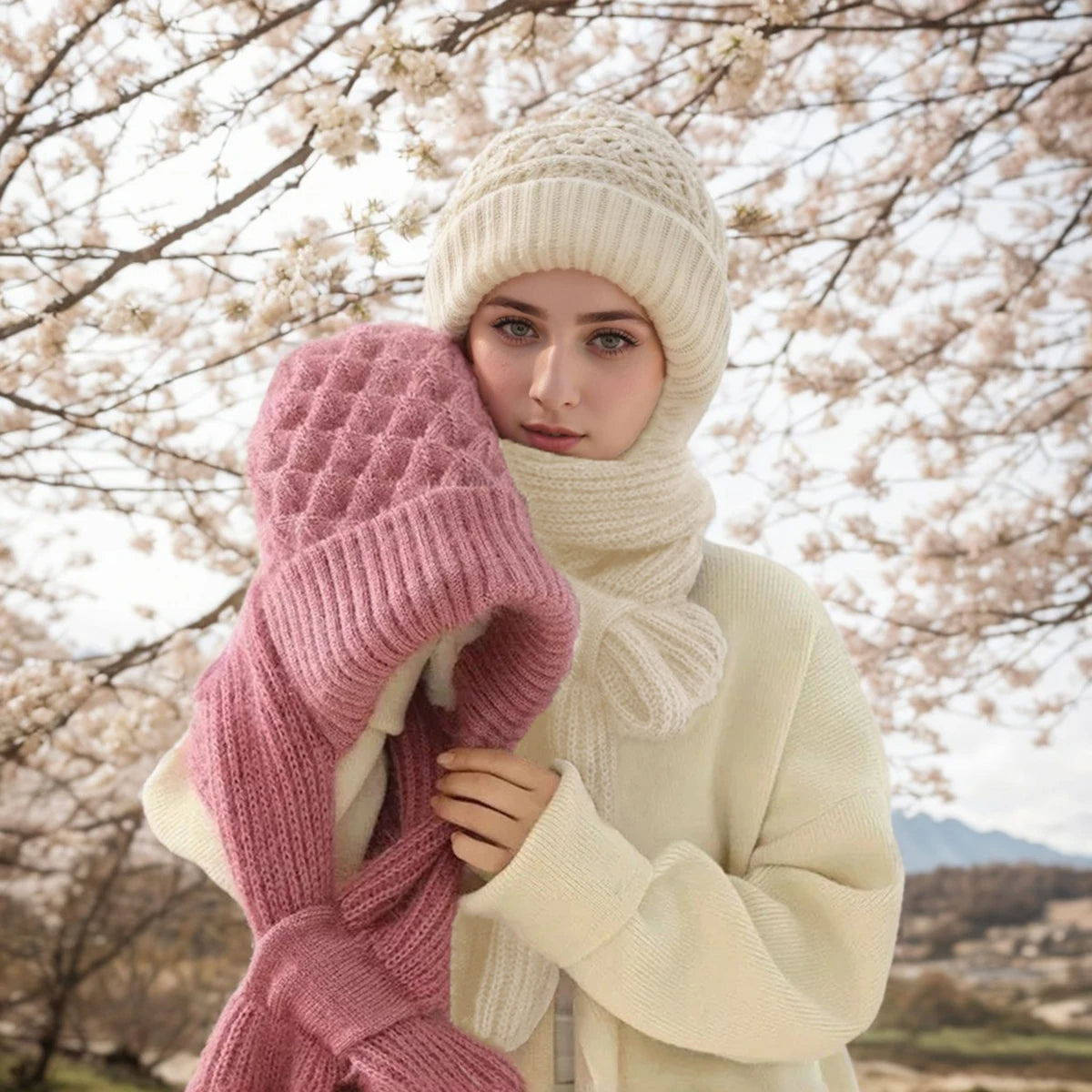 Winter Women's Knitted Hat with Long Scarf