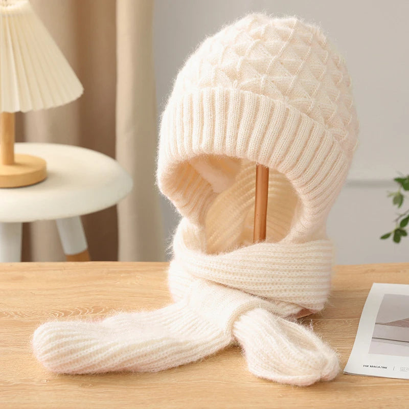Winter Women's Knitted Hat with Long Scarf