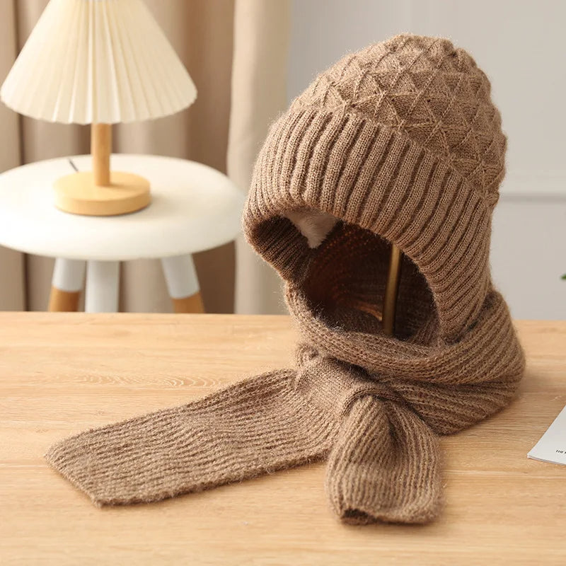 Winter Women's Knitted Hat with Long Scarf