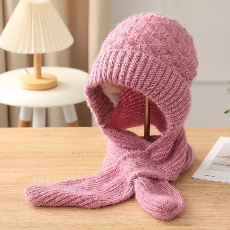 Winter Women's Knitted Hat with Long Scarf