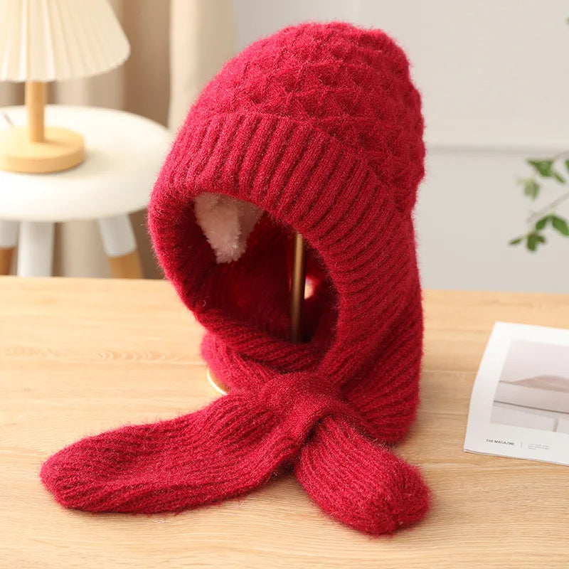 Winter Women's Knitted Hat with Long Scarf