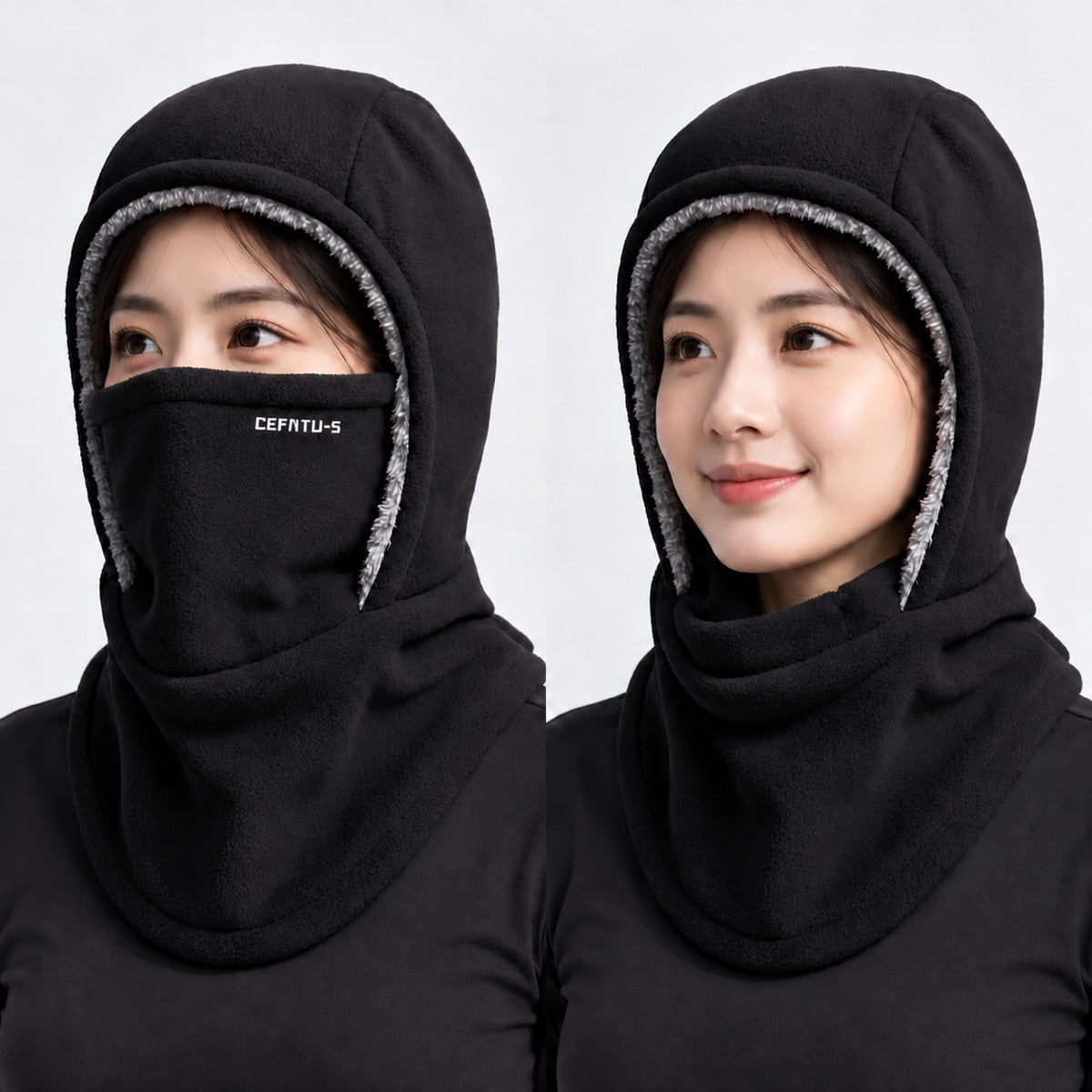 Balaclava worn two ways: face flap up over the nose, and folded down under the chin