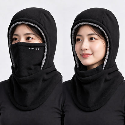 Balaclava worn two ways: face flap up over the nose, and folded down under the chin