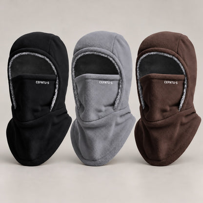ThermalShield fleece balaclava in black, grey and brown, showing the plush lining